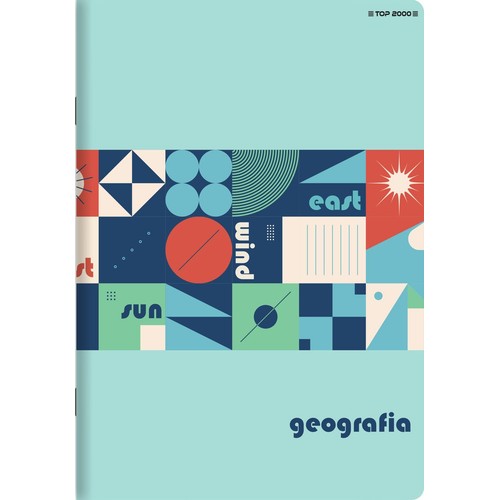 Okładka zeszytu do geografii w kolorze błękitnym, z serii "TOP 2000". Na środku znajduje się dynamiczny, geometryczny wzór złożony z bloków w kolorach niebieskim, czerwonym, zielonym i beżowym. Wzór zawiera napisy "wind", "east", "sun" oraz symbol słońca.