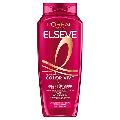 Różowa butelka szamponu L'Oréal Elseve Color Vive. Szampon ochronny do włosów farbowanych, wzbogacony witaminą Cg i filtrem UV.