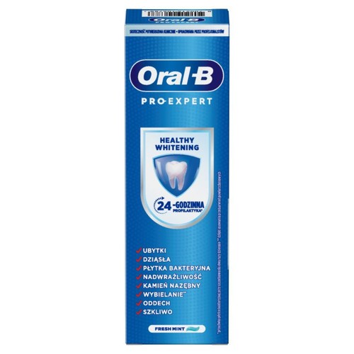 Opakowanie pasty do zębów Oral-B Pro-Expert Healthy Whitening. Zapewnia 24-godzinną profilaktykę i świeży oddech.