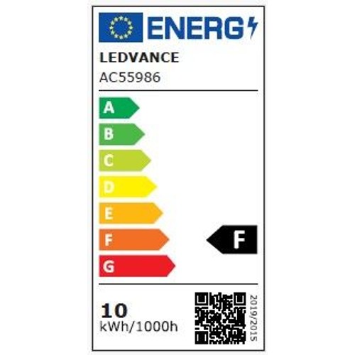 Oficjalna etykieta energetyczna UE dla urządzenia LEDVANCE o numerze AC55986. Wskazuje klasę efektywności energetycznej F na skali od A do G. Roczne zużycie energii to 10 kWh na 1000 godzin pracy. Na etykiecie widoczny jest kod QR.