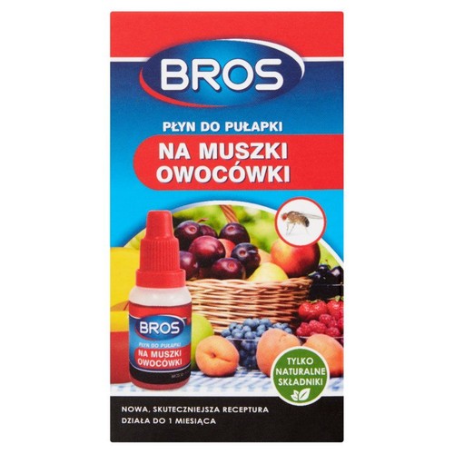 Opakowanie płynu BROS na muszki owocówki. Na etykiecie kosz owoców i mała butelka produktu. Skuteczny do miesiąca.