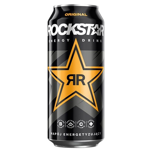 Czarna puszka napoju energetycznego Rockstar Original z żółtą gwiazdą i literami AR. Zawiera witaminy B, C, kofeinę, żeń-szeń, taurynę.