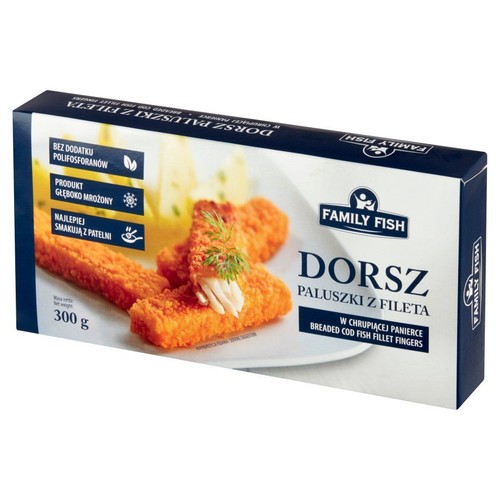 Paluszki z fileta dorsza Family Fish w chrupiącej panierce, 300 g. Mrożony produkt do smażenia na patelni.