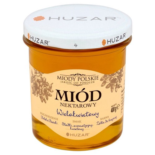 Słoik miodu nektarowego wielokwiatowego Huzar, 400g. Biała zakrętka z logo Huzar. Etykieta z napisem "Miody Polskie".