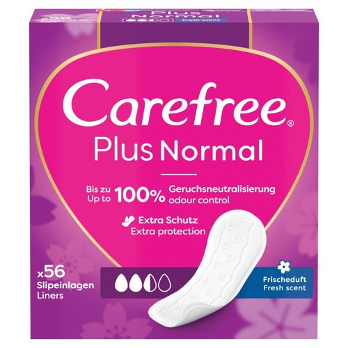 Opakowanie wkładek higienicznych Carefree Plus Normal, 56 sztuk. Zapewniają 100% neutralizacji zapachu i dodatkową ochronę.