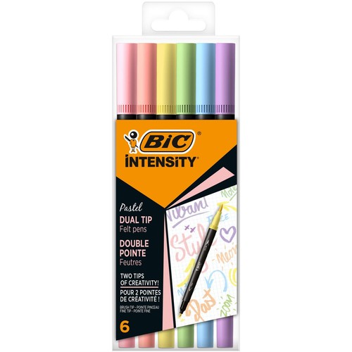 Zestaw 6 pastelowych pisaków BIC Intensity Dual Tip w przezroczystym opakowaniu. Pisaki mają dwie końcówki: pędzelkową do szerokich linii i cienką do detali. Kolory to różowy, pomarańczowy, żółty, zielony, niebieski i fioletowy.