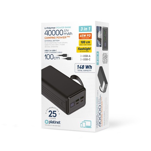 Powerbank 40000 mAh 65W PD latarka USB-C 1m kabel Platinet 1 sztuka