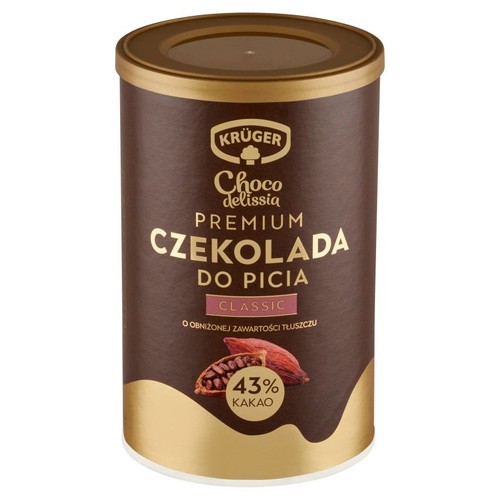 Opakowanie czekolady do picia KRÜGER Choco delissia Premium Classic. Brązowa puszka z złotą pokrywką. Na etykiecie informacja o 43% kakao i obniżonej zawartości tłuszczu. Grafika przedstawia otwarte ziarna kakao.