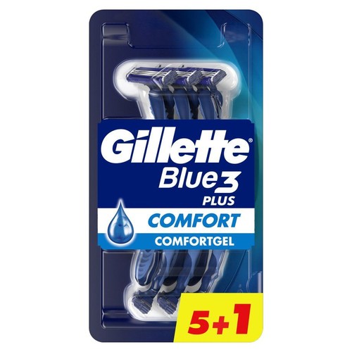Zestaw 6 jednorazowych maszynek Gillette Blue3 Plus Comfort z żelem nawilżającym. Opakowanie w kolorze niebieskim.