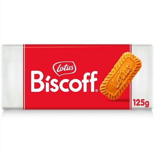 Czerwono-białe opakowanie ciastek Lotus Biscoff z widocznym herbatnikiem i wagą 125g.