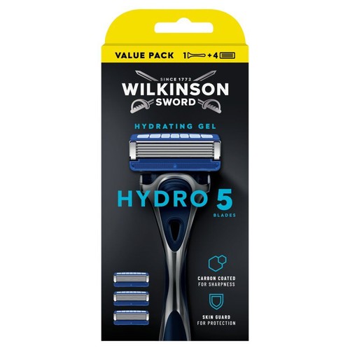 Maszynka Wilkinson Sword Hydro 5 z 5 ostrzami i żelem nawilżającym. Zestaw zawiera 1 uchwyt i 4 wkłady.