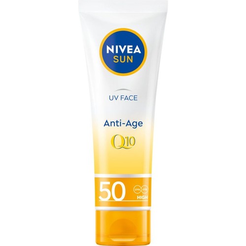 Biała tuba Nivea Sun, krem do twarzy Przeciwstarzeniowy Q10, SPF 50. Ochrona UV.