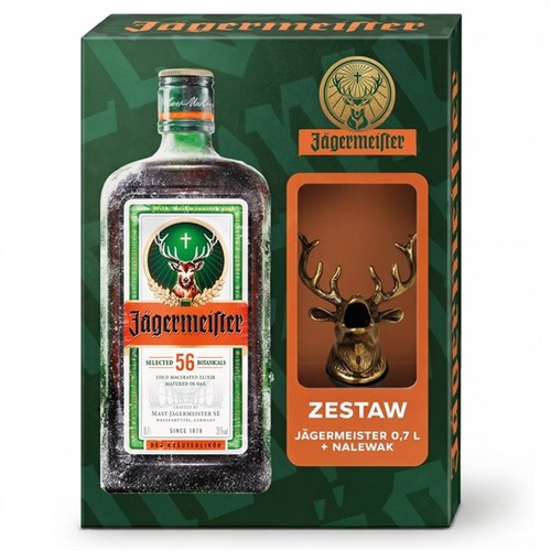 Zestaw Jägermeister 0,7 L z butelką likieru ziołowego i złotym nalewakiem w kształcie głowy jelenia. Opakowanie prezentowe.