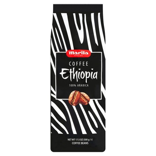 Opakowanie kawy ziarnistej Marila Ethiopia 100% Arabica, 500 g. Czarno-biała torebka z grafiką ziaren kawy.