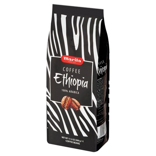 Opakowanie kawy ziarnistej Marila Ethiopia 100% Arabica, 500g. Czarno-białe paski, grafika ziaren kawy.