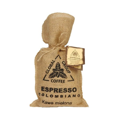 Mały woreczek z kawą mieloną Espresso Colombiano. Woreczek z juty, przewiązany sznurkiem.