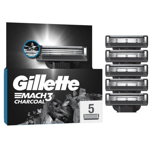 Zestaw 5 wkładów Gillette Mach3 Charcoal. Czarne pudełko z logo i 5 ostrzy obok.