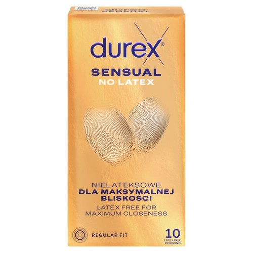 Durex Sensual Nielateksowe prezerwatywy, 10 sztuk. Opakowanie z grafiką odcisków palców. Regularny krój.