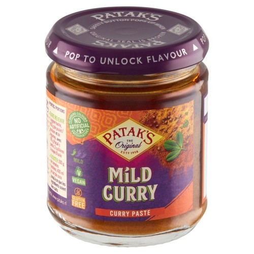 Słoik Patak's The Original z łagodną pastą curry. Wegańska, bezglutenowa, bez sztucznych barwników i konserwantów. Pojemność 400 ml.