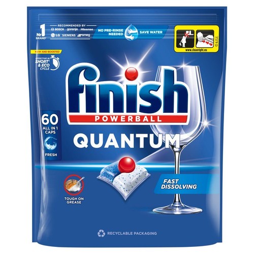 Finish Powerball Quantum, 60 kapsułek wszystko w 1. Zapewnia świeżość, nie wymaga wstępnego płukania. Oszczędza wodę.