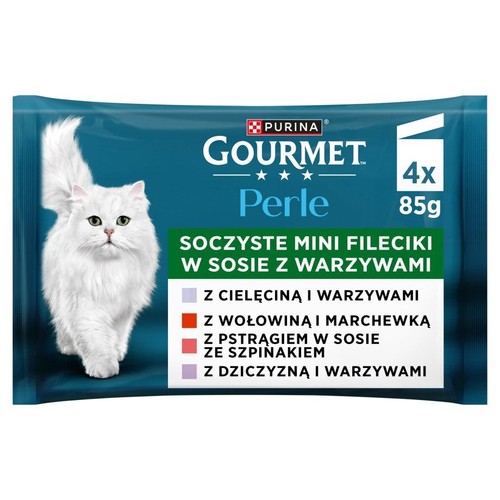 Opakowanie zbiorcze karmy Purina Gourmet Perle z białym kotem. Zawiera 4 saszetki po 85g, mini fileciki w sosie z warzywami.