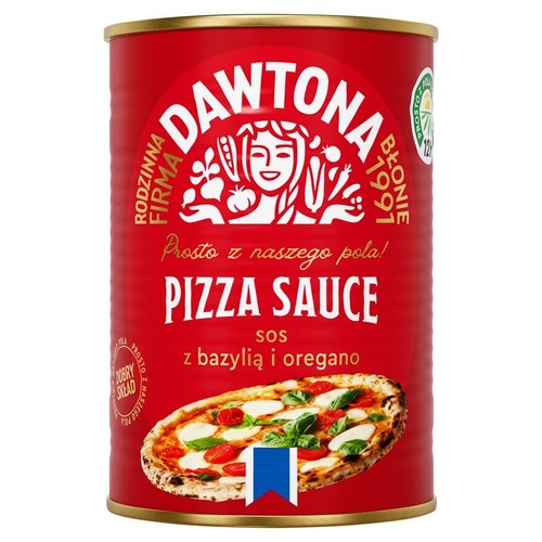 Czerwona puszka sosu do pizzy Dawtona z bazylią i oregano. Na etykiecie grafika pizzy i napisy "Rodzinna Firma", "Dobry Skład".