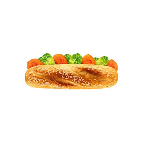 Pieczywo typu bagietka z posypką sezamową, z nadzieniem z pomarańczowych kawałków i zielonej sałaty.