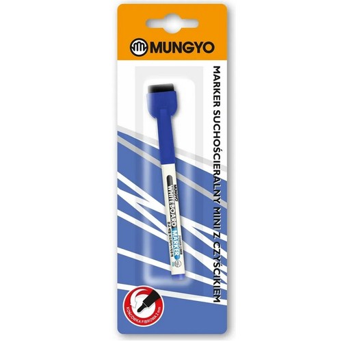 Opakowanie markera suchościeralnego Mungyo Power Liner mini. Marker ma niebieską skuwkę z wbudowanym czyścikiem i biały korpus. Posiada końcówkę fibrową o grubości 2mm. Idealny do tablic suchościeralnych.