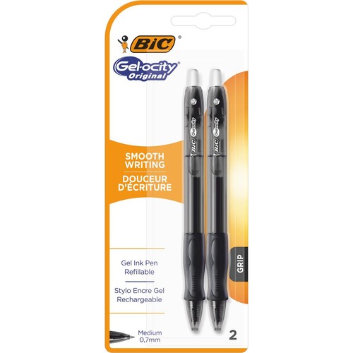 Dwa czarne długopisy żelowe BIC Gel-ocity Original 0.7mm w opakowaniu. Posiadają wymienne wkłady i uchwyt.