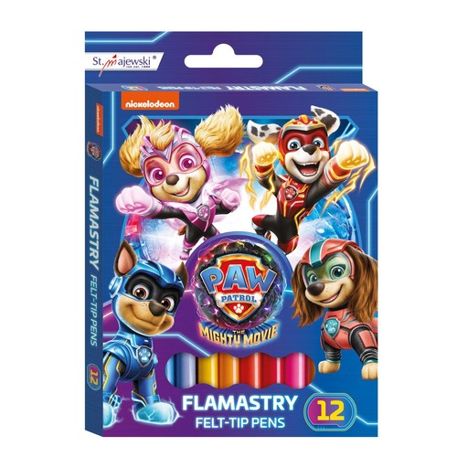 Opakowanie 12 flamastrów marki St. Majewski z licencją Nickelodeon. Na pudełku widnieje dynamiczna grafika przedstawiająca cztery postacie z filmu Psi Patrol: Wielki Film w strojach superbohaterów. U dołu widać końcówki pisaków w różnych kolorach.