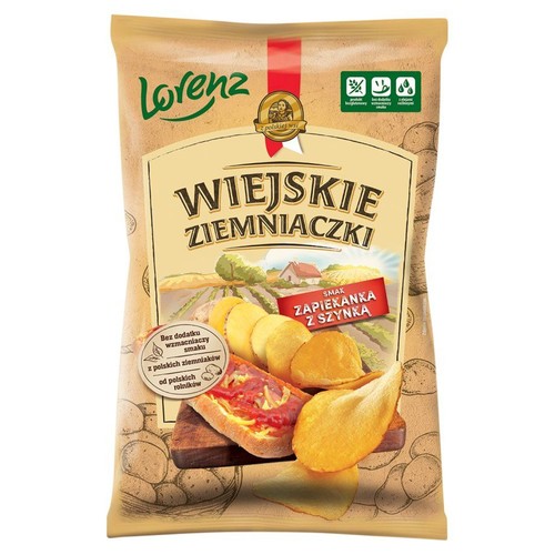 Chipsy Lorenz Wiejskie Ziemniaczki, smak Zapiekanka z Szynką. Produkt bezglutenowy, z olejem słonecznikowym.