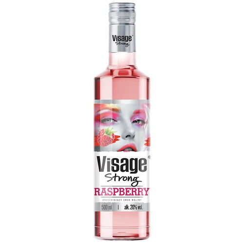 Butelka Visage Strong Raspberry, 500 ml, 20% alk. Etykieta z grafiką twarzy, kolorowym makijażem i maliną.