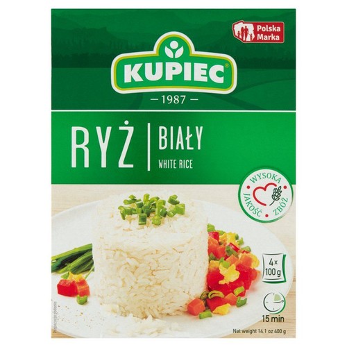 Opakowanie ryżu białego Kupiec, 4x 100g. Na opakowaniu grafika ugotowanego ryżu z warzywami. Czas gotowania 15 minut.