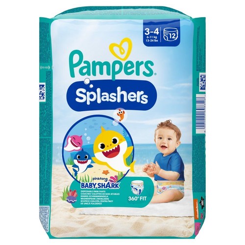 Pieluchomajtki Pampers Splashers, rozmiar 3-4, 12 sztuk. Z motywem Baby Shark i dopasowaniem 360°.
