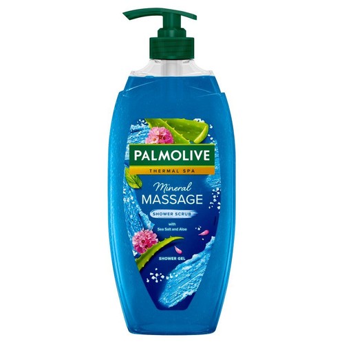 Peelingujący żel pod prysznic Palmolive Thermal Spa Mineral Massage. Niebieska butelka z zieloną pompką.