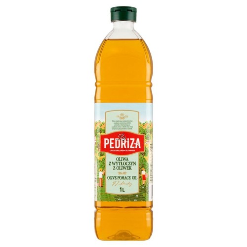 Oliwa z wytłoczyn z oliwek La Pedriza w przezroczystej, plastikowej butelce o pojemności 1 litra.