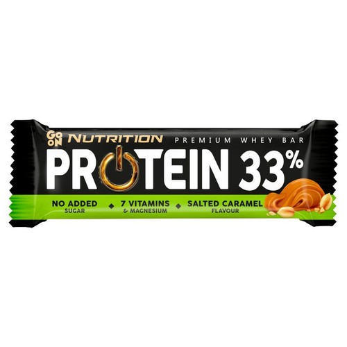 Baton białkowy Go On Nutrition Premium Whey Bar, zawierający 33% białka. Opakowanie w kolorach czarnym i zielonym, z napisem "PROTEIN 33%". Produkt jest bez dodatku cukru, wzbogacony o 7 witamin i magnez, o smaku słonego karmelu.