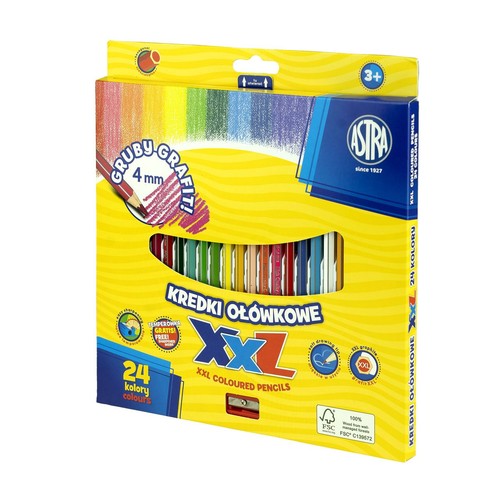 Kredki ołówkowe Astra XXL, 24 kolory, z grubym grafitem 4mm. Opakowanie żółte z tęczą.