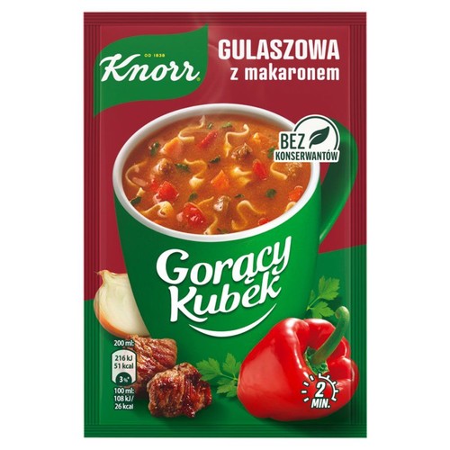 Produkt Knorr Gorący Kubek Gulaszowa z makaronem. Na opakowaniu widoczna miska zupy gulaszowej z makaronem, mięsem i warzywami. Obok świeże składniki: czerwona papryka, cebula, mięso. Zupa bez konserwantów, gotowa w 2 minuty.