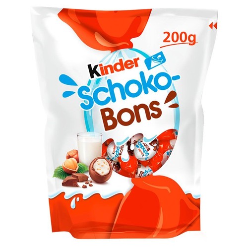 Biała torebka Kinder Schoko-Bons 200g z grafiką mleka, orzechów laskowych i czekoladek.
