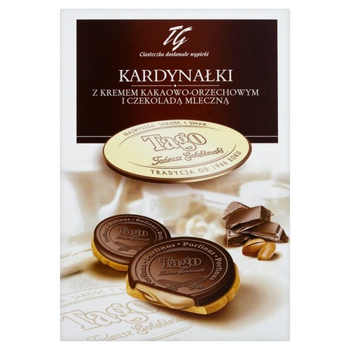 Opakowanie ciastek Tago Kardynałki z kremem kakaowo-orzechowym i czekoladą mleczną, 180g. Na opakowaniu widać dwa ciastka.