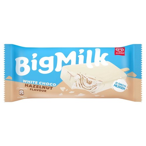 Lód BigMilk White Choco Hazelnut Flavour w niebiesko-beżowym opakowaniu. Widoczna grafika loda z odgryzionym kawałkiem.