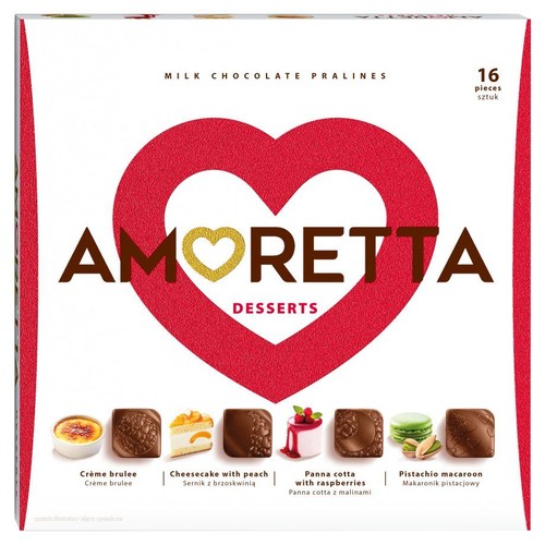Amoretta Desserts, 16 sztuk pralin z mlecznej czekolady. Białe pudełko z centralnie umieszczonym czerwonym sercem. Widoczne są grafiki pralin inspirowanych deserami: crème brûlée, sernik brzoskwiniowy, panna cotta malinowa, makaronik pistacjowy.