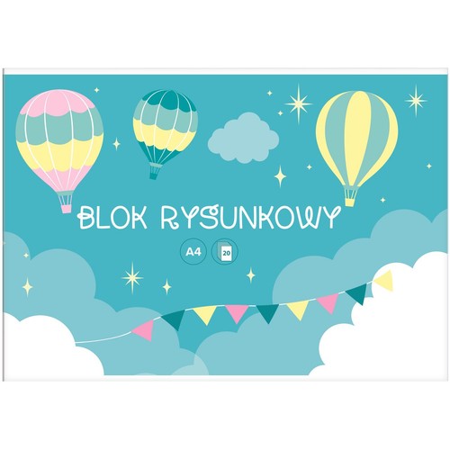 Okładka bloku rysunkowego A4 z 20 kartkami. Wzór z balonami na ogrzane powietrze, chmurami i kolorowymi proporczykami.