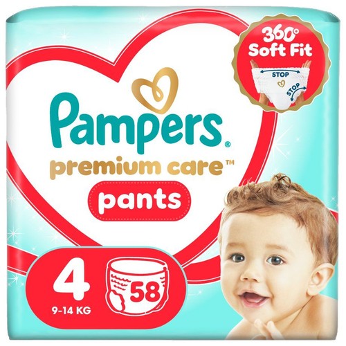Jasnoniebieskie opakowanie pieluchomajtek Pampers Premium Care Pants. Rozmiar 4, 58 sztuk. Widoczny napis "360° Soft Fit" i uśmiechnięte dziecko.