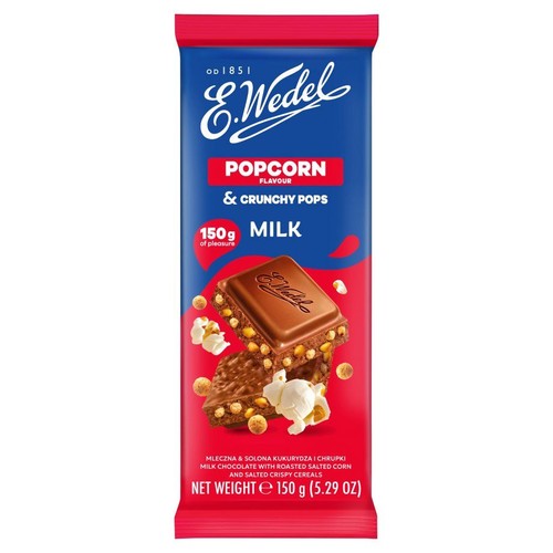 Czekolada mleczna E.Wedel o smaku popcornu i chrupek, waga netto 150g. Na opakowaniu grafika przedstawiająca tabliczkę czekolady z zatopionymi kawałkami prażonej kukurydzy i chrupek, oraz rozsypany popcorn.