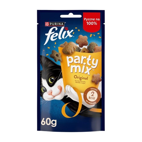 Saszetka Felix Party Mix Original, 60g, z wizerunkiem kota i przysmakami w kształcie gwiazdek. Smak kurczaka, wątróbki i indyka.