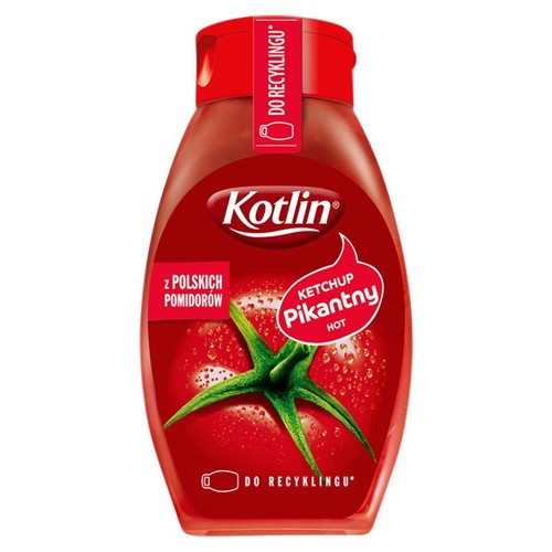 Czerwona butelka ketchupu Kotlin Pikantny Ostry. Na etykiecie duży czerwony pomidor z kroplami wody. Napis "z polskich pomidorów".