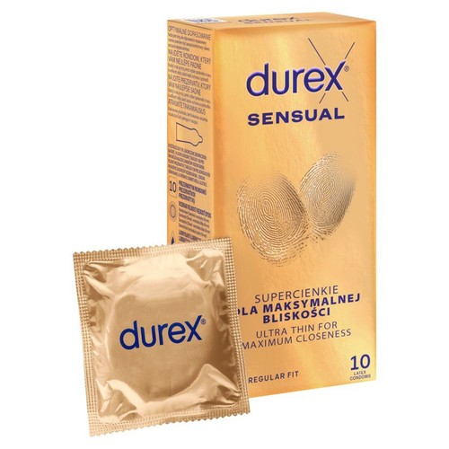 Złote opakowanie prezerwatyw Durex Sensual, supercienkie, 10 sztuk. Obok leży jedna prezerwatywa w złotym opakowaniu foliowym.