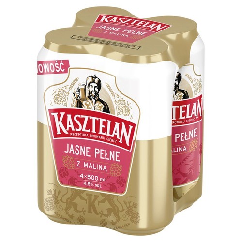 Czteropak piwa Kasztelan Jasne Pełne z Maliną. Każda z czterech puszek zawiera 500 ml piwa o zawartości alkoholu 4.8% obj. Puszki są biało-złote, z różową etykietą przedstawiającą mężczyznę z kuflem oraz ilustracje malin.